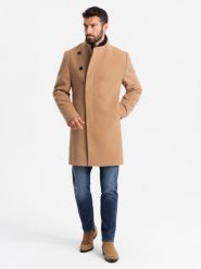 Męski płaszcz z asymetrycznym zapięciem i wysokim kołnierzem – jasnobrązowy V4 OM-COWC-0120 - XXL. Brązowe płaszcze Ombre Clothing, l, z aplikacjami, z materiału, eleganckie, bez kaptura. Za 311.99 zł.