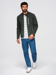 Strukturalna kurtka biker męska ze stójką – ciemnozielona V3. Zielone kurtki Ombre Clothing, m, bez wzorów, z dzianiny, bez kaptura. W wyprzedaży za 217.49 zł.