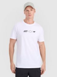 4F T-shirt regular z nadrukiem męski - biały L. Białe t-shirty 4F, l, bez wzorów, z bawełny, bez kołnierzyka, bez ramiączek. Za 59.99 zł.