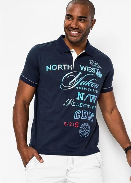 Koszulka polo z dżerseju z krótkim rękawem. Niebieskie koszulki polo bonprix, m, bez wzorów, z dżerseju, bez kołnierzyka, bez ramiączek. Za 84.99 zł.