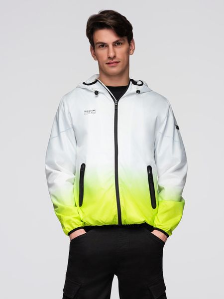 Sportowa kurtka męska z efektem ombre i odblaskami - biało-limonkowa V1. Białe kurtki przejściowe Ombre Clothing, m, z aplikacjami, z materiału, bez kaptura. W wyprzedaży za 174.99 zł.