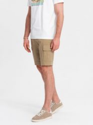Jednokolorowe męskie szorty z kieszeniami cargo – piaskowe V1 OM-SRCG-0133 - XXL. Szorty Ombre Clothing, l, z aplikacjami, z bawełny, wakacyjne. W wyprzedaży za 129.99 zł.