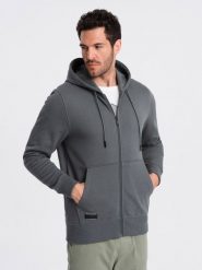 Rozpinana męska dresowa bluza BASIC – grafitowa V11 OM-SSBZ-0160 - XXL. Szare bluzy Ombre Clothing, l, bez wzorów, z dresówki, z kapturem. Za 125.99 zł.