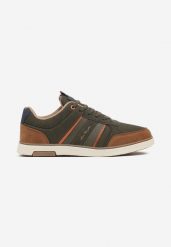 Ciemnobeżowe Sznurowane Buty Sportowe z Ozdobnymi Paskami i Napisem Nastell. Brązowe buty sportowe casual Born2be, bez wzorów, z jeansu, bez zapięcia. W wyprzedaży za 127.99 zł.