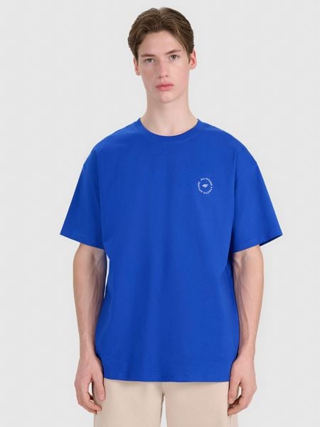 4F T-shirt oversize z nadrukiem męski - niebieski L. Niebieskie t-shirty 4F, l, bez wzorów, z bawełny, bez kołnierzyka, bez ramiączek. W wyprzedaży za 39.99 zł.