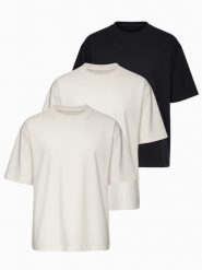 Zestaw bawełnianych koszulek męskich loose fit z okrągłym dekoltem - biała/biała/czarna V2 - Rozmiar: M. Czarne t-shirty Ombre Clothing, m, bez wzorów, z bawełny, bez kołnierzyka, bez ramiączek. Za 209.99 zł.