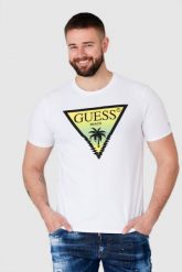 GUESS Biały t-shirt męski z logo z palmą. Białe t-shirty Guess, m, z aplikacjami, bez kołnierzyka, bez ramiączek. W wyprzedaży za 129.99 zł.