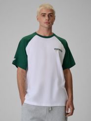 4F T-shirt loose z nadrukiem męski - zielony M. Zielone t-shirty 4F, m, bez wzorów, z bawełny, bez kołnierzyka, bez ramiączek. Za 59.99 zł.