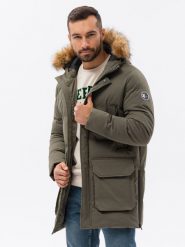 Kurtka męska zimowa parka z kieszeniami cargo - khaki V4 C554 - XXL. Brązowe kurtki Ombre Clothing, na zimę, l, bez wzorów, z poliesteru, bez kaptura. W wyprzedaży za 249.99 zł.