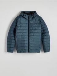 Pikowana kurtka z kapturem - granatowy. Niebieskie kurtki Reserved, l, bez wzorów, z kapturem. W wyprzedaży za 129.99 zł.