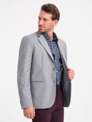 Klasyczna marynarka męska z kieszenią na poszetkę - szara V1 OM-BLZB-0115 - XXL. Szare garnitury Ombre Clothing, l, bez wzorów, z poliesteru, klasyczne. Za 309.99 zł.