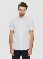 PAKO LORENTE – Biała koszula męska z krótkim rękawem. Białe koszule Pako Lorente, l, bez wzorów, bez kołnierzyka, bez ramiączek. Za 69.99 zł.