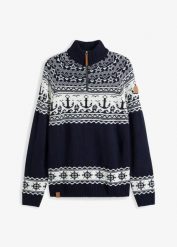 Sweter w norweski wzór ze stójką z zamkiem. Niebieskie swetry nierozpinane bonprix, m, bez wzorów, bez kołnierzyka, bez ramiączek. Za 114.99 zł.