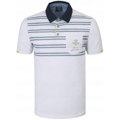 Koszulka Polo - Męska - Pako Jeans - Biała, Paski i Nadruk. Białe koszulki polo Pako Jeans, l, bez wzorów, z bawełny, bez kołnierzyka, bez ramiączek. Za 129.00 zł.