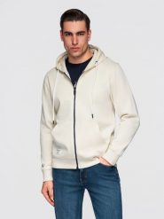 Męska bawełniana bluza dresowa BASIC rozpinana z kapturem - kremowa V11 - Rozmiar: XL. Białe bluzy Ombre Clothing, m, z aplikacjami, z bawełny, z kapturem. W wyprzedaży za 118.99 zł.