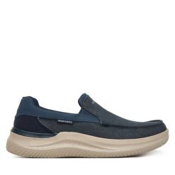 Półbuty Skechers. Niebieskie eleganckie półbuty Skechers, bez wzorów, bez obcasa, bez zapięcia. Za 289.99 zł.