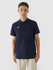 4F Koszulka polo regular męska - granatowa M. Niebieskie koszulki polo 4F, m, bez wzorów, z bawełny, bez kołnierzyka, bez ramiączek. Za 99.99 zł.