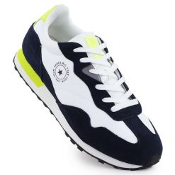 Skórzane półbuty sportowe męskie sneakersy biało-granatowe Big Star RR174408 białe. Białe eleganckie półbuty bez wzorów, bez obcasa, bez zapięcia. W wyprzedaży za 305.24 zł.