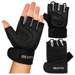 Rękawiczki treningowe na siłownię z usztywniaczem nadgarstka i pętlami 2 w 1, L. Czarne rękawiczki REVITY, bez wzorów, z poliesteru. Za 69.99 zł.