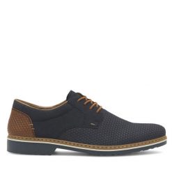 Półbuty Rieker. Niebieskie eleganckie półbuty Rieker, bez wzorów, bez obcasa, bez zapięcia. Za 259.99 zł.