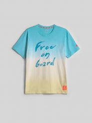 4F T-shirt regular z nadrukiem męski - turkusowa S. Niebieskie t-shirty 4F, m, bez wzorów, z jeansu, bez kołnierzyka, bez ramiączek. Za 89.99 zł.
