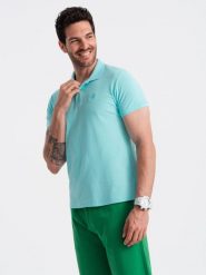 Męska koszulka polo jednokolorowa BASIC z dzianiny pique - miętowa V18 OM-POBS-0100 - XXL. Zielone koszulki polo sportowe Ombre Clothing, l, z aplikacjami, z bawełny, bez kołnierzyka, bez ramiączek. Za 77.99 zł.