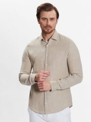 Calvin Klein Koszula Linen Solid Slim Shirt K10K109286 Beżowy Slim Fit. Brązowe koszule CALVIN KLEIN, m, bez wzorów, ze lnu, bez kołnierzyka, bez ramiączek. Za 289.99 zł.