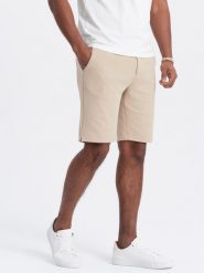 Męskie szorty ze strukturalnej dzianiny SLIM FIT - piaskowe V3 OM-SRCS-0126 - XXL. Szorty Ombre Clothing, m, bez wzorów, z bawełny, wizytowe. W wyprzedaży za 99.99 zł.