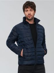 Kurtka puffer - granatowy. Niebieskie kurtki Sinsay, l, bez wzorów, bez kaptura. W wyprzedaży za 49.99 zł.