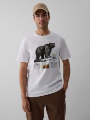 4F T-shirt regular z nadrukiem męski - kremowy L. Białe t-shirty 4F, l, bez wzorów, z bawełny, bez kołnierzyka, bez ramiączek. Za 79.99 zł.