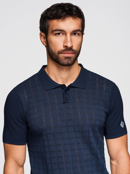Męska wiskozowa ażurowa koszulka polo - granatowa V2 - Rozmiar: L. Niebieskie koszulki polo sportowe Ombre Clothing, na lato, l, w ażurowe wzory, z dzianiny, bez kołnierzyka, bez ramiączek. Za 209.99 zł.