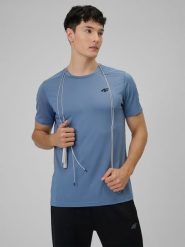 4F Koszulka treningowa regular szybkoschnąca męska - granatowa S. Niebieskie t-shirty 4F, m, bez wzorów, ze skóry, bez kołnierzyka, bez ramiączek. Za 79.99 zł.