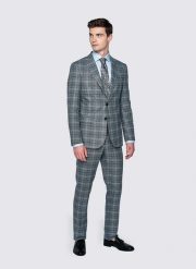 PAKO LORENTE – Szare spodnie garniturowe w granatową kratę. Szare garnitury Pako Lorente, bez wzorów, z elastanu. Za 149.99 zł.