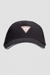 GUESS Czarna czapka z daszkiem Triangle Patch. Czarne czapki z daszkiem Guess, z aplikacjami, z bawełny. W wyprzedaży za 69.99 zł.