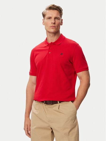 Beverly Hills Polo Club Polo P-SS26M-P42560_Navy LogoWRED Czerwony Regular Fit. Czerwone koszulki polo Beverly Hills Polo Club, m, bez wzorów, z bawełny, bez kołnierzyka, bez ramiączek. Za 209.99 zł.