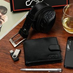 Zestaw męski skórzany premium Beltimore portfel pasek U28 : Kolory - czarny, Rozmiar pasków - r.110-125 cm. Czarne paski bez wzorów. Za 114.90 zł.