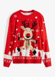 Sweter z bożonarodzeniowym motywem. Czarne swetry nierozpinane bonprix, m, bez wzorów, bez kołnierzyka, bez ramiączek. Za 129.99 zł.