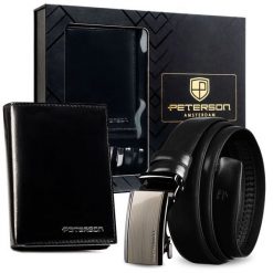 Zestaw prezentowy: skórzany portfel męski w czarnym kolorze z systemem RFID i pasek ze skóry naturalnej - Peterson. Czarne portfele bez wzorów, ze skóry. Za 119.99 zł.