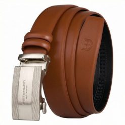 Skórzany pasek męski w jasnobrązowym kolorze z automatyczną, srebrną klamrą Peterson PTN A007-AB TAN. Brązowe paski Peterson, bez wzorów, ze skóry, eleganckie. Za 59.99 zł.