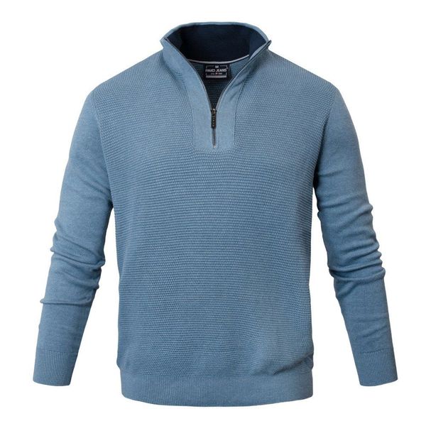 Bawełniany Sweter Męski, Wysoki Dekolt na Zamek - Pako Jeans - Niebieski. Niebieskie swetry rozpinane Pako Jeans, l, bez wzorów, z bawełny, bez kołnierzyka, bez ramiączek. Za 209.00 zł.