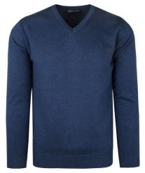 Elegancki Męski Sweter Polskiej Marki Rigon – V-neck (serek) - Niebieski. Niebieskie swetry rozpinane Rigon, m, bez wzorów, z bawełny, bez kołnierzyka, bez ramiączek. Za 145.00 zł.