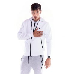Męska, miękka bluza z kapturem i zamkiem błyskawicznym z ikoną lwa. Białe bluzy LEONE 1947 APPAREL, l, bez wzorów, z tkaniny, z kapturem. W wyprzedaży za 195.65 zł.