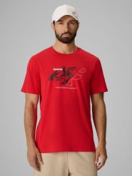 4F T-shirt regular z nadrukiem męski - czerwony L. Czerwone t-shirty 4F, l, bez wzorów, z bawełny, bez kołnierzyka, bez ramiączek. Za 69.99 zł.