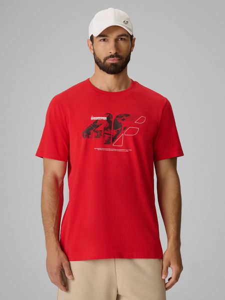 4F T-shirt regular z nadrukiem męski - czerwony L. Czerwone t-shirty 4F, l, bez wzorów, z bawełny, bez kołnierzyka, bez ramiączek. Za 69.99 zł.