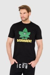DSQUARED2 Czarny t-shirt z logo i zielonym liściem. Czarne t-shirty Dsquared2, l, bez wzorów, bez kołnierzyka, bez ramiączek. W wyprzedaży za 699.99 zł.
