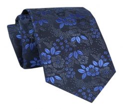 Męski Krawat - ALTIES - Klasyczny - Granat w Niebieskie Kwiaty. Niebieskie krawaty i muchy Alties, bez wzorów, z tkaniny. Za 49.00 zł.