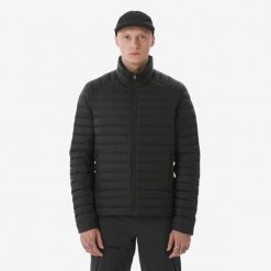 Kurtka trekkingowa męska puchowa MT100 - 3°C. Czarne kurtki FORCLAZ, na zimę, l, bez wzorów, z materiału, bez kaptura. Za 269.99 zł.