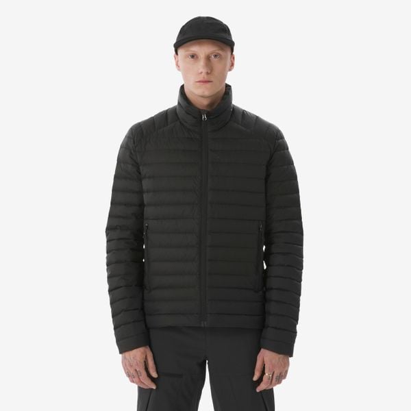 Kurtka trekkingowa męska puchowa MT100 - 3°C. Czarne kurtki FORCLAZ, na zimę, l, bez wzorów, z materiału, bez kaptura. Za 269.99 zł.