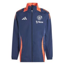 Kurtka dresowa zewnętrzna Manchester United 2024/25. Niebieskie kurtki Adidas, bez wzorów, z dresówki, bez kaptura. W wyprzedaży za 324.50 zł.