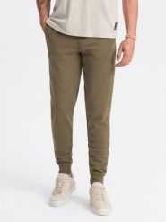 Męskie bawełniane spodnie dresowe joggery BASIC – oliwkowe V2 OM-PABS-0174 - XXL. Zielone joggery i bojówki Ombre Clothing, l, bez wzorów, z bawełny, eleganckie. Za 119.99 zł.